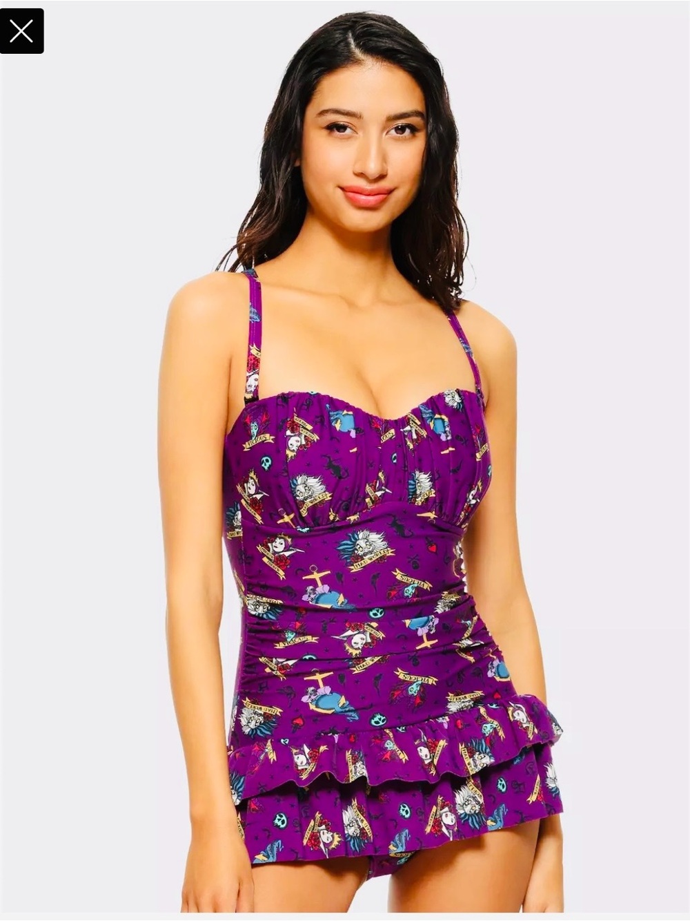 Hot Topic Disney Villains Brand New Purple Printed Ruffle Hem Swimdress